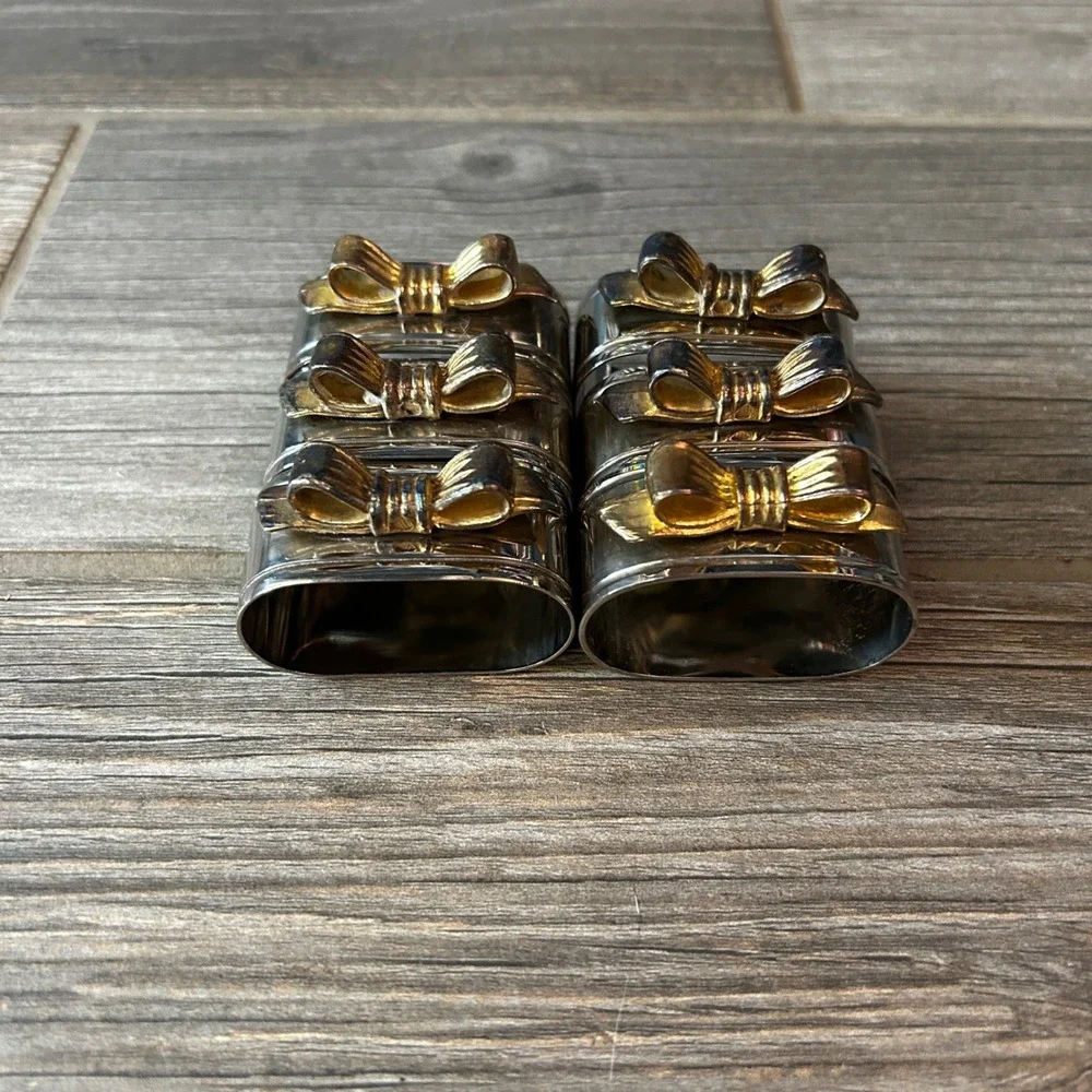 Set of 6 Silver Napkin Rings Gold Bow‎ Accent Table Setting Decor